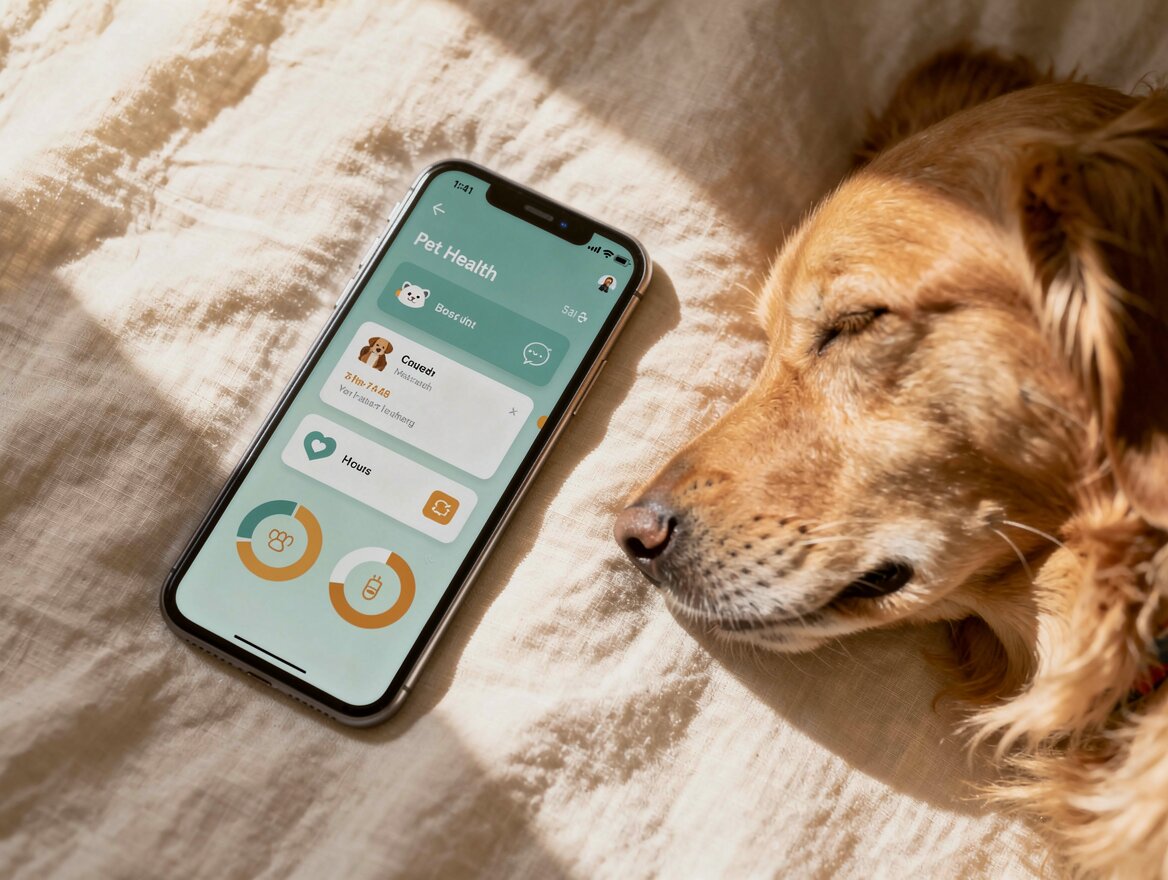 Pet health dashboard on a phone next to a sleeping golden retriever