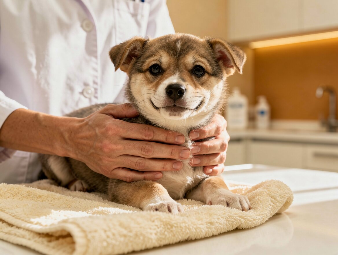 Veterinarian gently holding a small puppy in a bright clinic