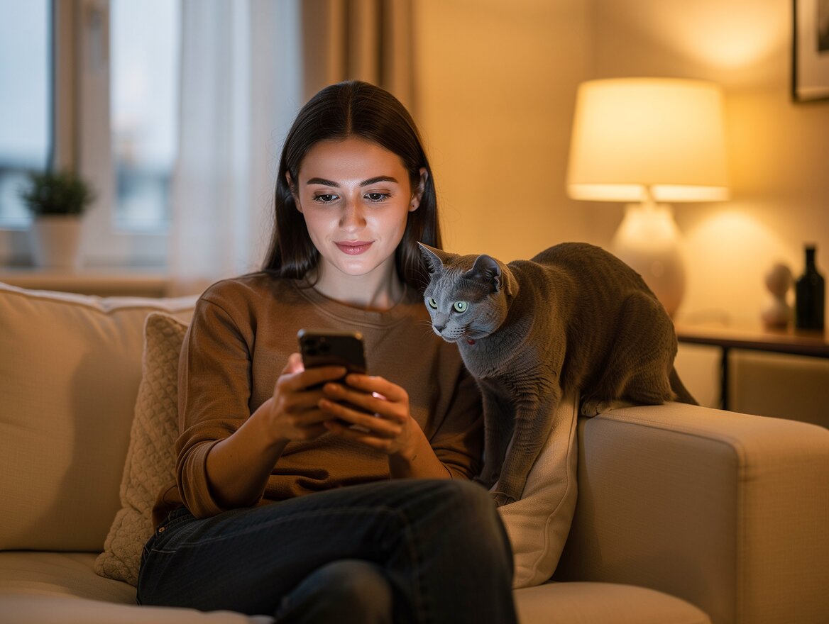 Pet owner using the Pawssible app at home in the evening with her cat