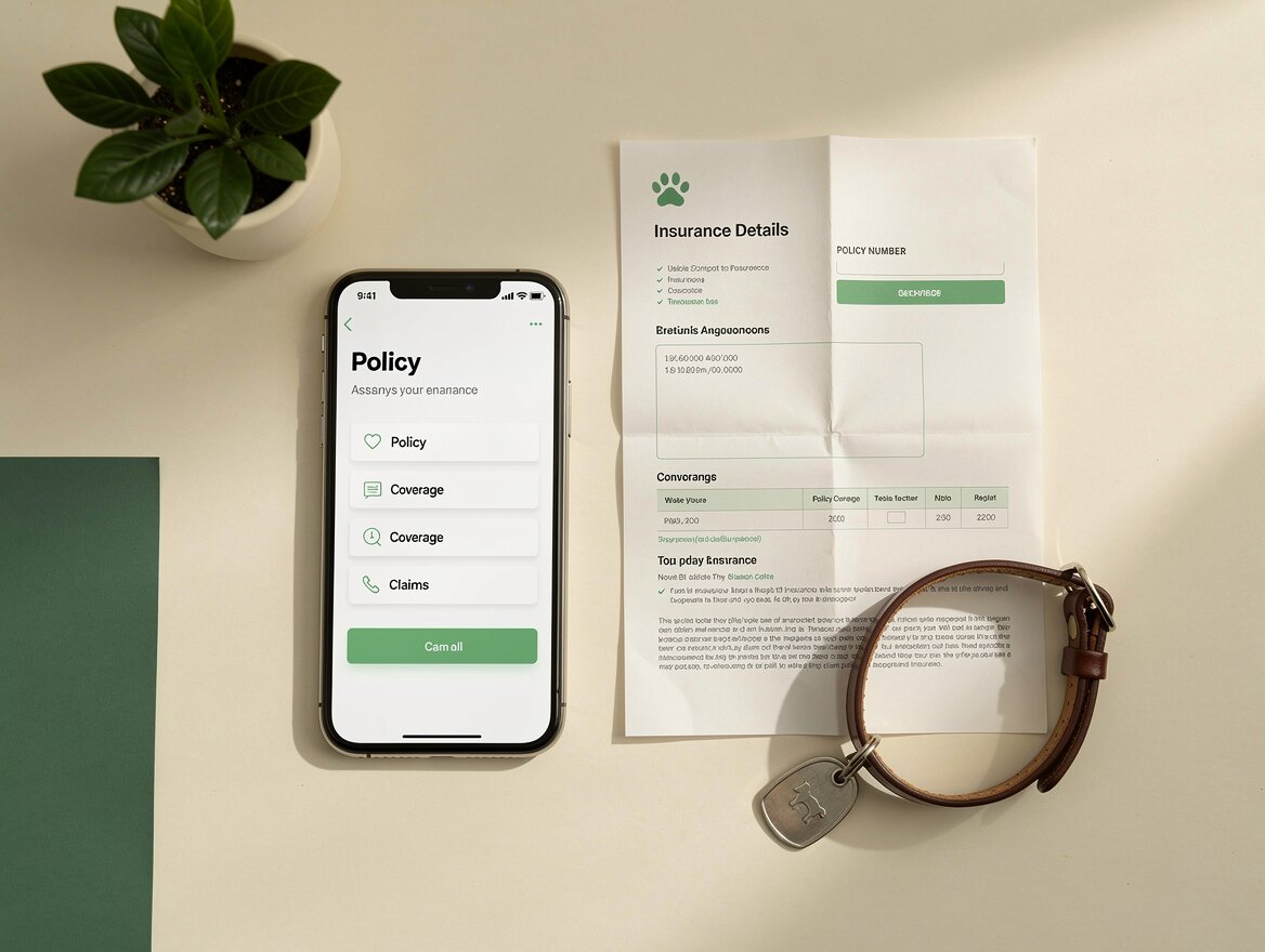 Pet insurance app on a phone alongside a paper policy document and dog collar